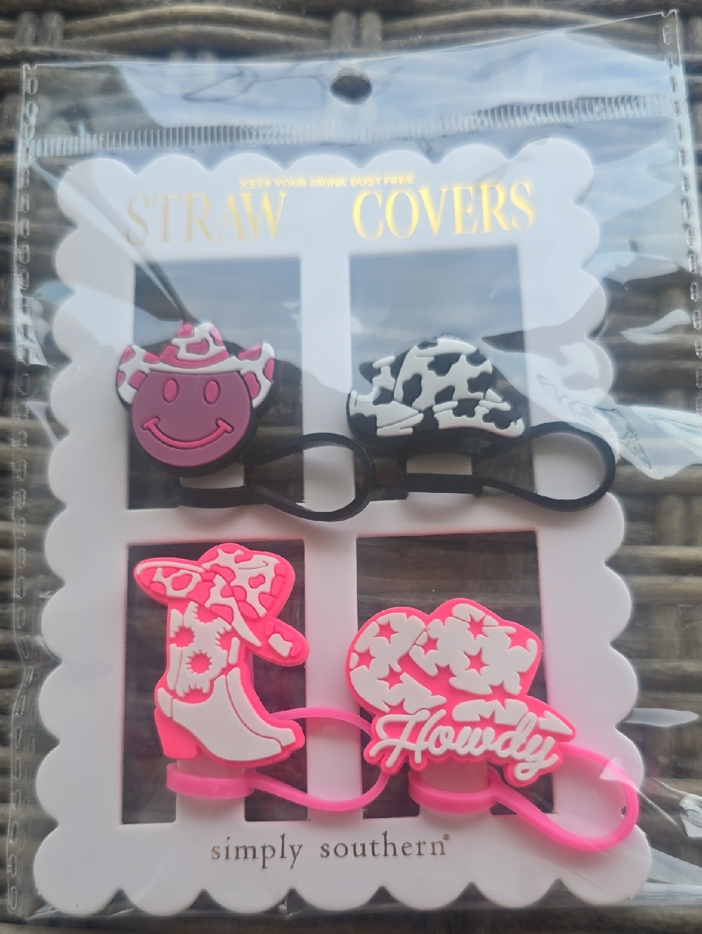 Simply Southern Straw Covers Set - Pink & Black Cow Print, NWT